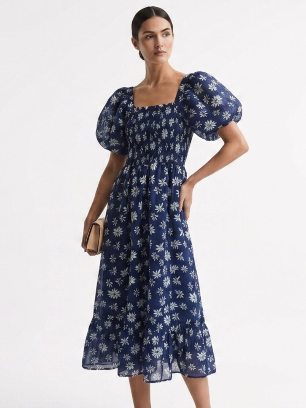 THML‎ Navy White Floral Smocked Puff Sleeve Cottagecore linen blend Midi Dress
